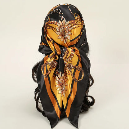 Handkerchiefs Hair Silk Scarf 90*90cm Print Satin Big Square Silk Scarves Shawls for Women Luxury Brand Designer Hijab Headband - Glam Duchess
