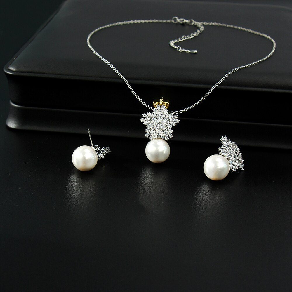 Elegant Simulated Pearl and Cubic Zirconia Jewelry Set