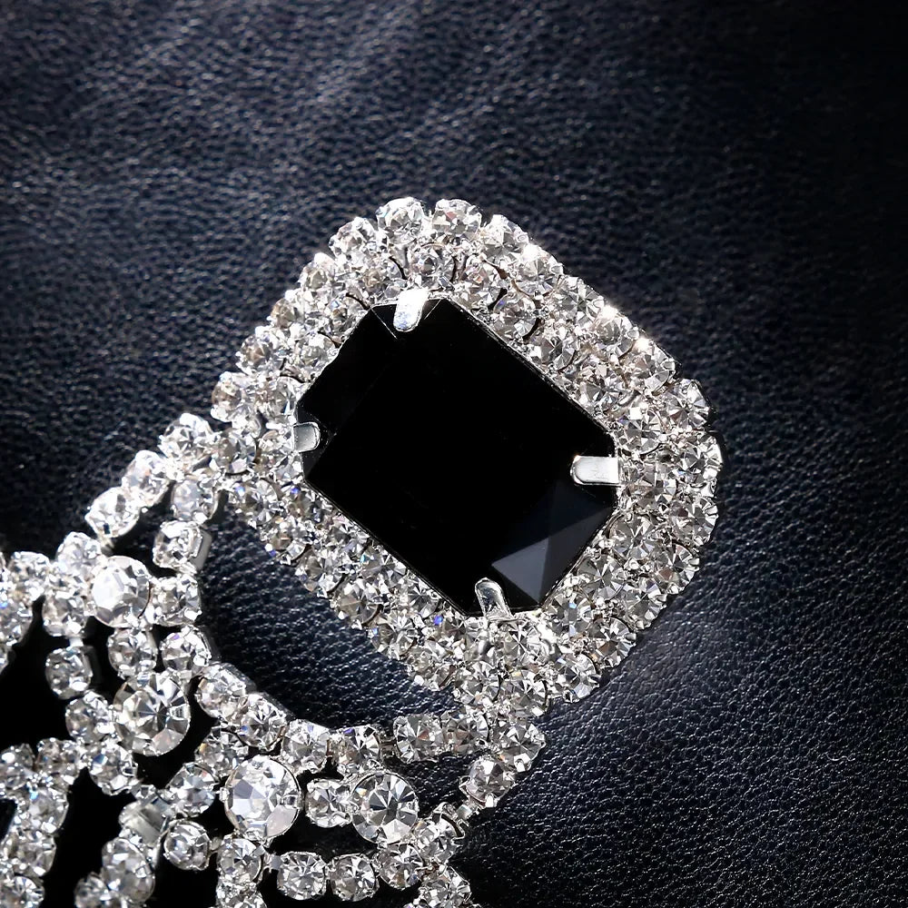 Chunky Black Crystal Tassel Earrings with Rhinestone and Copper