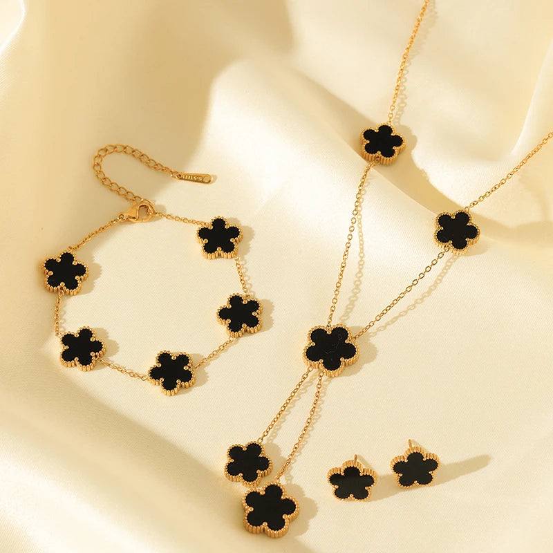Stainless Steel Black Five Leaf Clover Tassel Pendant Necklace
