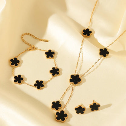 Stainless Steel Black Five Leaf Clover Tassel Pendant Necklace