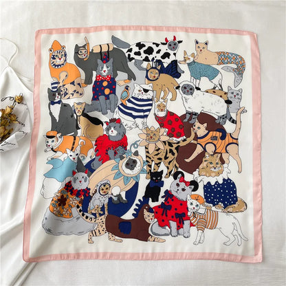 Whimsical Cartoon Cat Silk-Feel Scarf – Square Head Wrap & Neckerchief