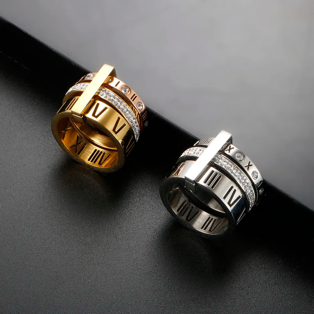 Stainless Steel Rotating Roman Numeral Crystal Ring