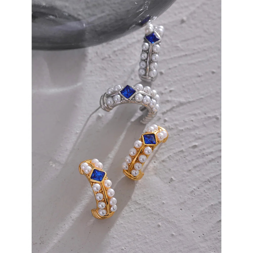 Imitation Pearls Blue Cubic Zirconia Stainless Steel C Shape Huggie Earrings