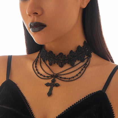 Multilayer Gothic Black Lace Chunky Chain Necklace Vintage Cross Pendant Choker