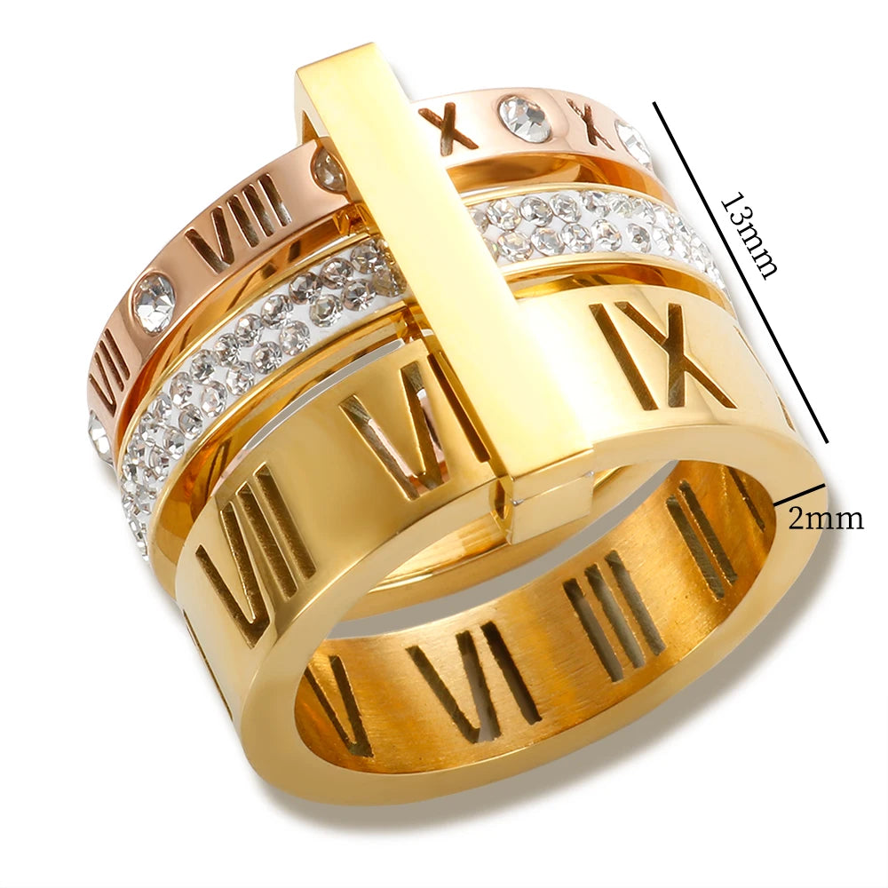 Stainless Steel Rotating Roman Numeral Crystal Ring