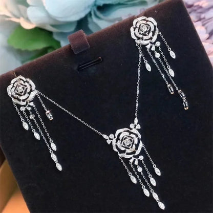 Newly Designed Hollow Rose Flower Tassels Necklace Earrings