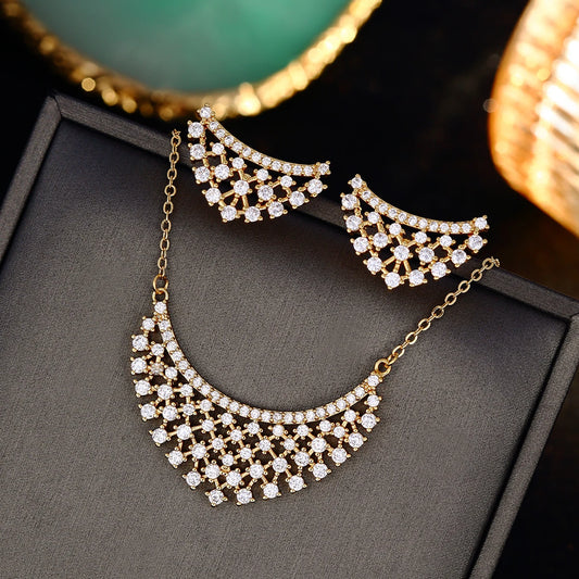 Gold Plated Cubic Zircon Geometric Necklace Earrings Set