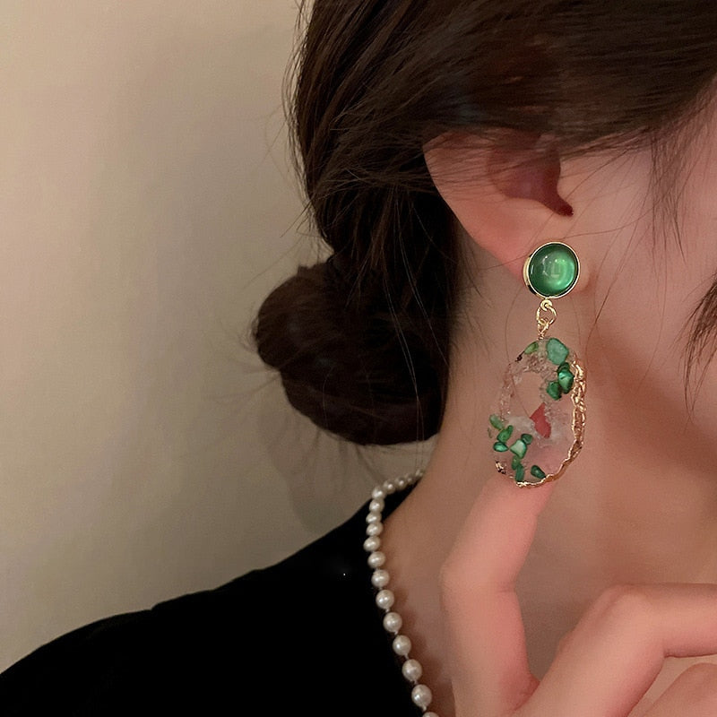 Green Geometric Resin Drop Earrings