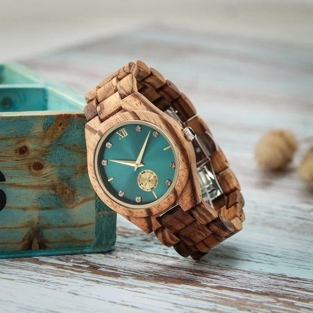 Wooden Quartz Watch with Simulated Diamond Dial for Women