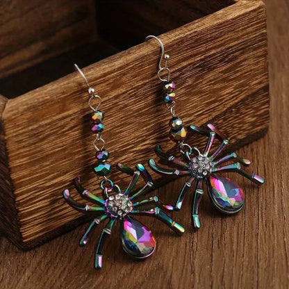 Halloween Colorful Spider Design Shiny Crystal Inlaid Dangle Earrings