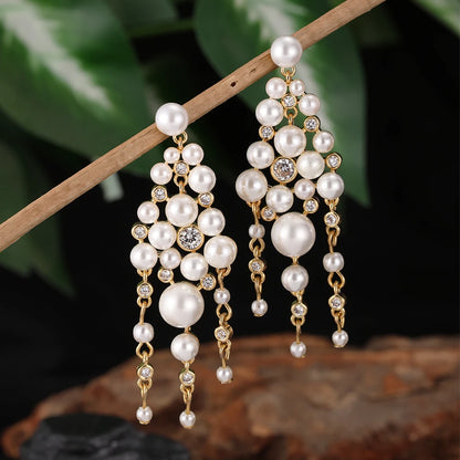 Pearl Zircon Tassel Long Drop Earrings