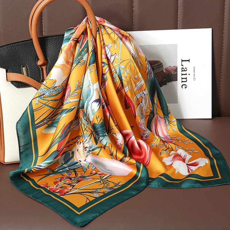 Luxury Satin Silk Square Scarf for Women, Printed Fashion Wrap, Shawl, Neckerchief