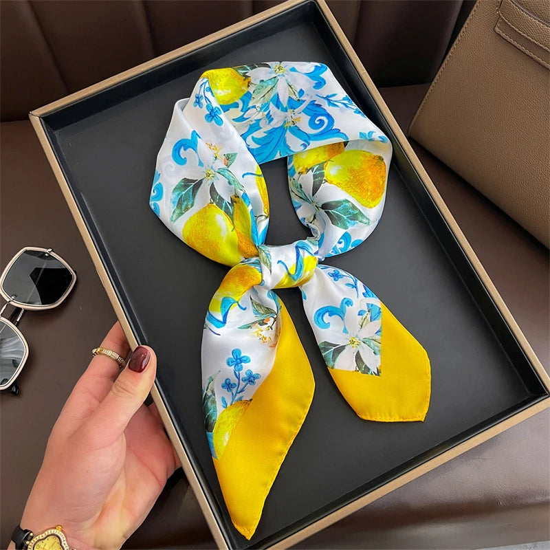 Luxury Satin Silk Square Scarf for Women, Printed Fashion Wrap, Shawl, Neckerchief