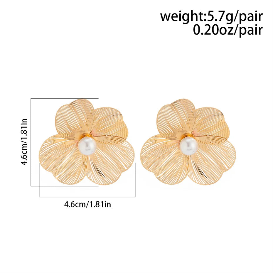 Punk Vintage Earrings - Metal Stud Flower Petal Studs With Pearl & Copper Alloy
