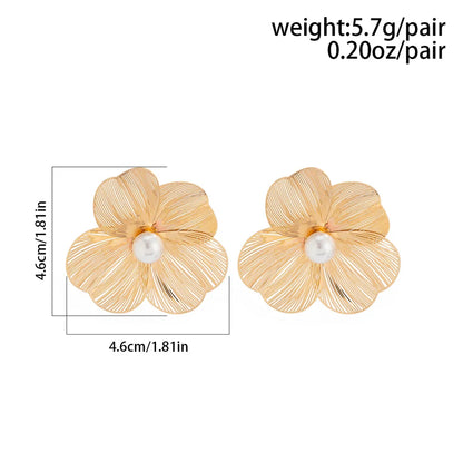 Punk Vintage Earrings - Metal Stud Flower Petal Studs With Pearl & Copper Alloy