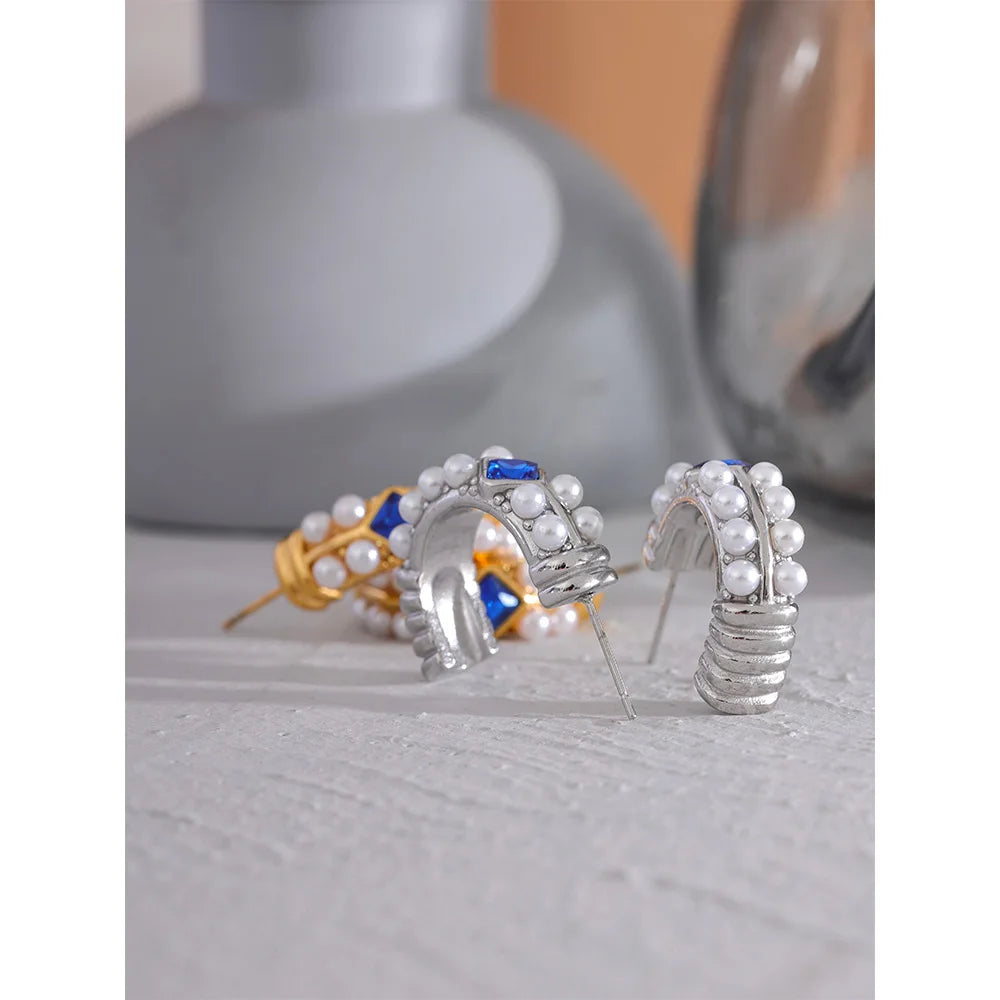 Imitation Pearls Blue Cubic Zirconia Stainless Steel C Shape Huggie Earrings