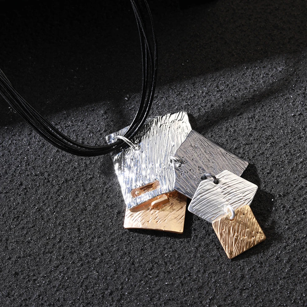 Long Leather Chain Trending Geometric Square Pendant Necklace