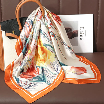 Luxury Satin Silk Square Scarf for Women, Printed Fashion Wrap, Shawl, Neckerchief