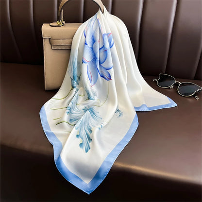 Luxury Satin Silk Square Scarf for Women, Printed Fashion Wrap, Shawl, Neckerchief
