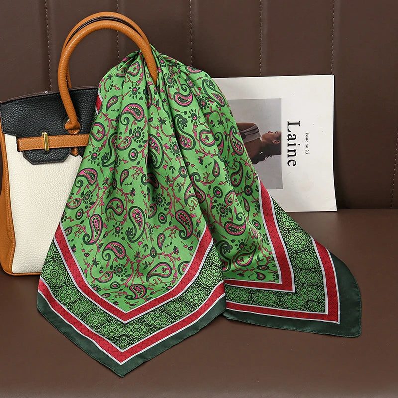 Luxury Satin Silk Square Scarf for Women, Printed Fashion Wrap, Shawl, Neckerchief