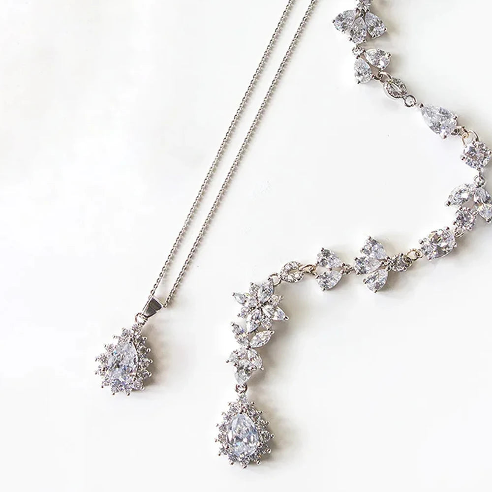 Zircon Leaf Back Chain Necklace Rhinestone Long Water Drop Body Chain Bridal Wedding Accessories