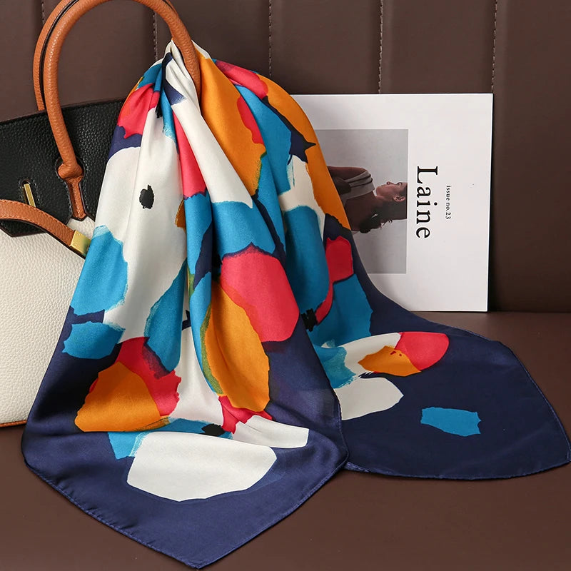 Luxury Satin Silk Square Scarf for Women, Printed Fashion Wrap, Shawl, Neckerchief
