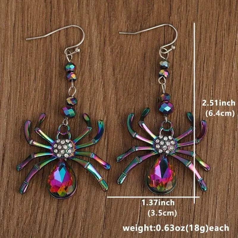 Halloween Colorful Spider Design Shiny Crystal Inlaid Dangle Earrings