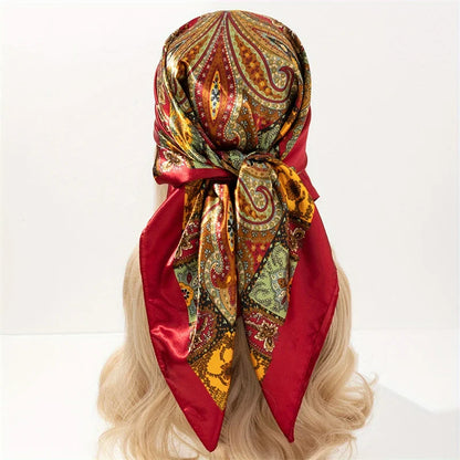 Handkerchiefs Hair Silk Scarf 90*90cm Print Satin Big Square Silk Scarves Shawls for Women Luxury Brand Designer Hijab Headband - Glam Duchess