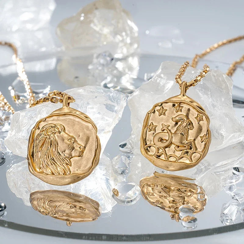 Gold Plated Stainless Steel 12 Zodiac Signs Coin Pendant Necklace