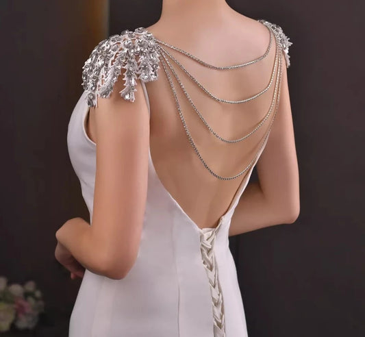 Bridal Crystal Beaded Vintage Tassel Wedding Cape with Rhinestone Chains and Necklace