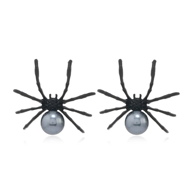 Halloween Gothic Spider-Inspired Black Punk Earrings with Simulated Pearl