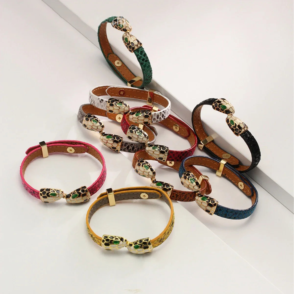 Leather Charms Metal Snake Head Bangles Bracelet