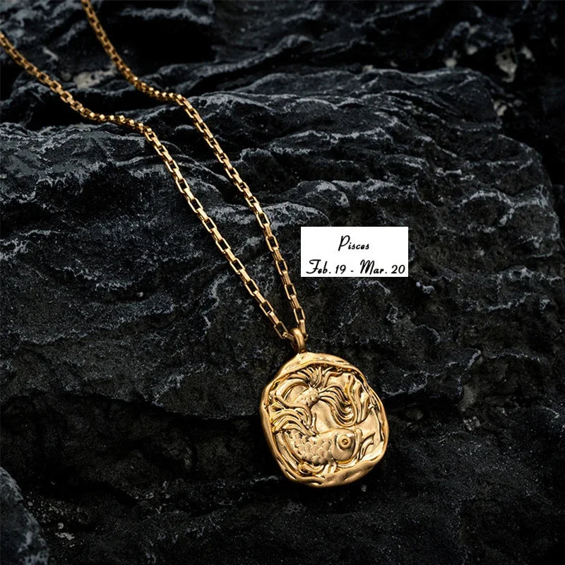 Gold Plated Stainless Steel 12 Zodiac Signs Coin Pendant Necklace