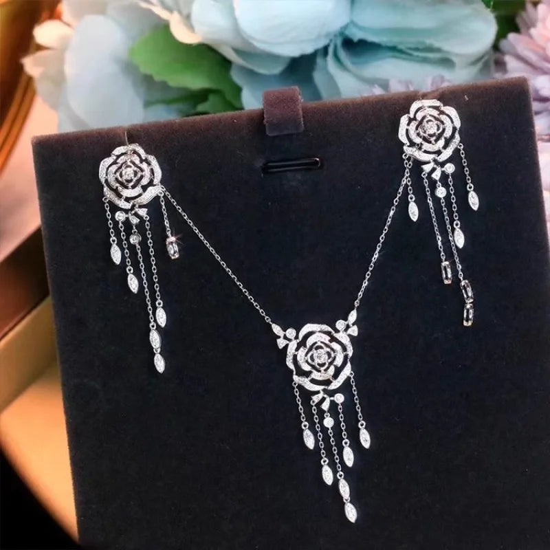 Newly Designed Hollow Rose Flower Tassels Necklace Earrings