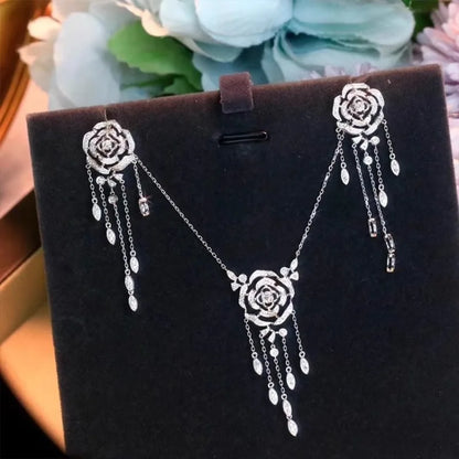 Newly Designed Hollow Rose Flower Tassels Necklace Earrings