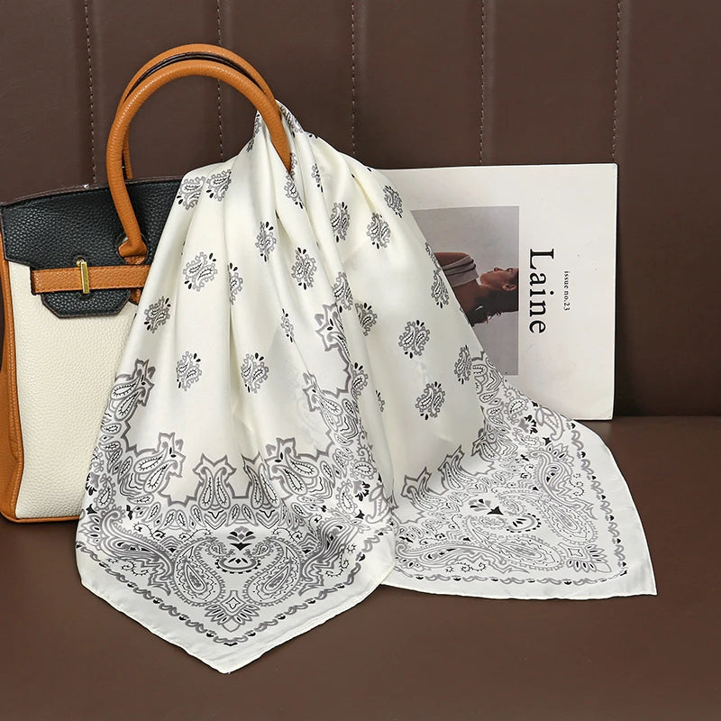 Luxury Satin Silk Square Scarf for Women, Printed Fashion Wrap, Shawl, Neckerchief