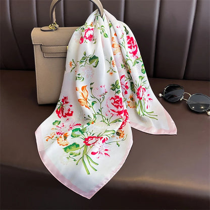 Luxury Satin Silk Square Scarf for Women, Printed Fashion Wrap, Shawl, Neckerchief