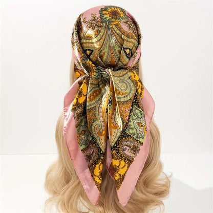Handkerchiefs Hair Silk Scarf 90*90cm Print Satin Big Square Silk Scarves Shawls for Women Luxury Brand Designer Hijab Headband - Glam Duchess