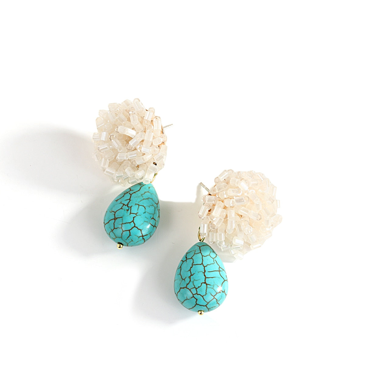Elegant White Beads and Blue Stone Flower Drop Earrings