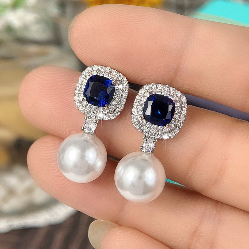 Blue Cubic Zirconia and Imitation Pearl Drop Earrings