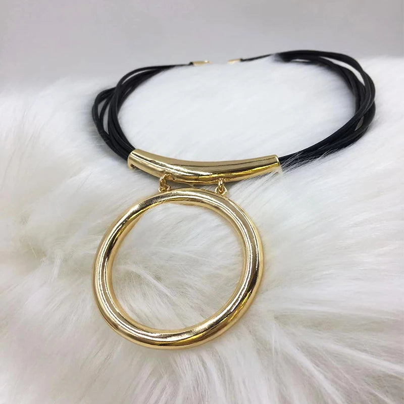 Elegant Chunky Black Leather Gold Necklace Choker