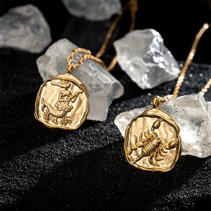 Gold Plated Stainless Steel 12 Zodiac Signs Coin Pendant Necklace