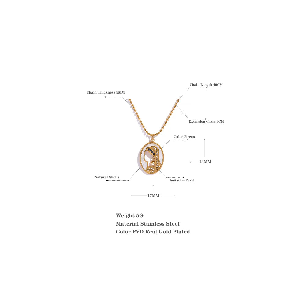 Gold Plated Stainless steel Natural Shell Zircon Portrait Pendant Chain Necklace