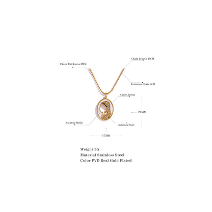 Gold Plated Stainless steel Natural Shell Zircon Portrait Pendant Chain Necklace