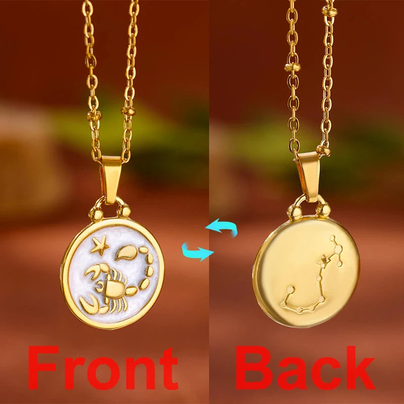 Double Sided Zodiac Sign Astrology Stainless Steel 12 Constellation Pendant Necklace