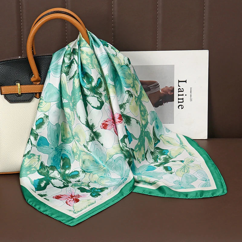 Luxury Satin Silk Square Scarf for Women, Printed Fashion Wrap, Shawl, Neckerchief