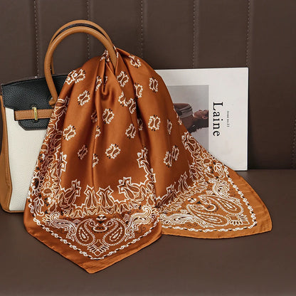 Luxury Satin Silk Square Scarf for Women, Printed Fashion Wrap, Shawl, Neckerchief