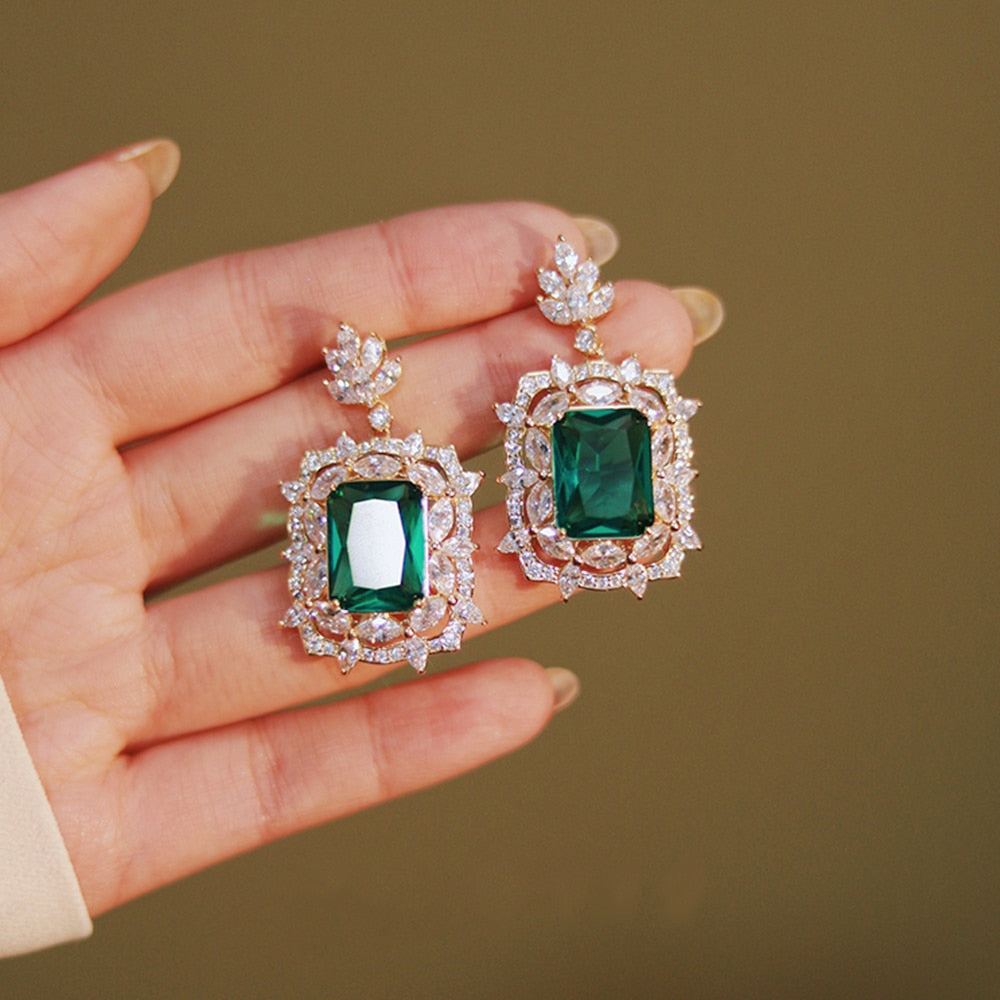 Radiant Green Emerald Geometric Drop Earrings