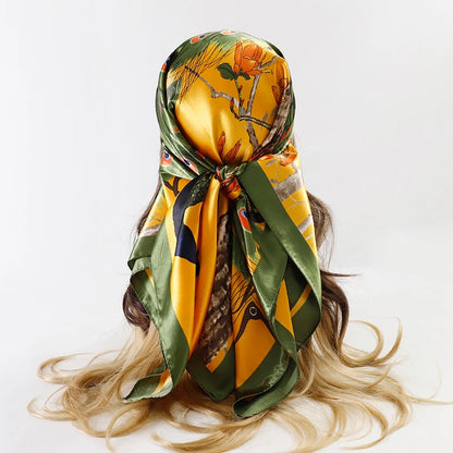 Handkerchiefs Hair Silk Scarf 90*90cm Print Satin Big Square Silk Scarves Shawls for Women Luxury Brand Designer Hijab Headband - Glam Duchess